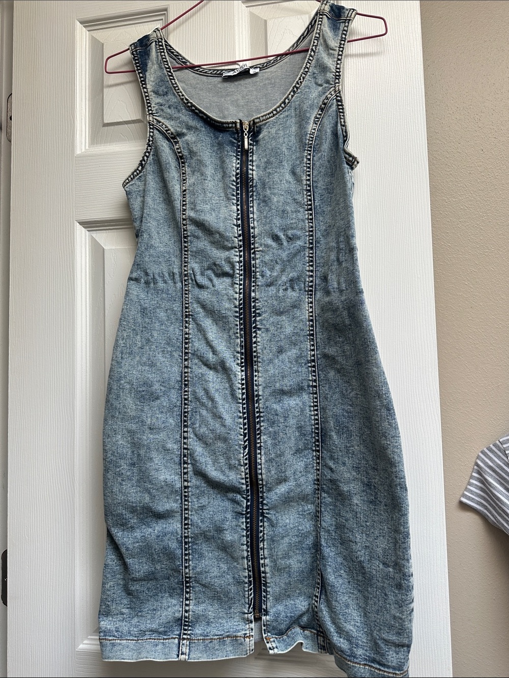 Sleeveless Light Wash Denim Zip-Front Mini Dress